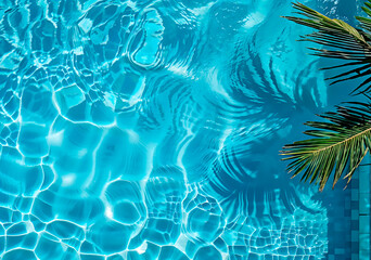 Above view of clear blue swimming pool water and palm tree making shadows on it. Can be used as summer background.