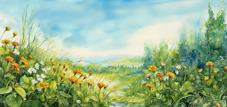 Landscape background with a field meadow flowers. For posters, banners.