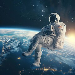 A space tourist enjoying the view of Earth from orbit,