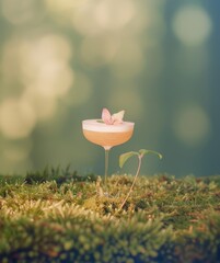 Cocktail with flower in glass on moss and bokeh background.