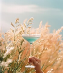 Female hand holding martini glass on blue sky background with dry grass.