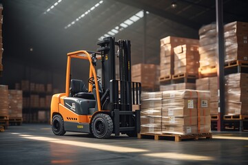 Forklift loader in warehouse. Cargo freight transportation and distribution warehouse.