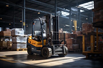 Forklift loader in warehouse. Cargo freight transportation and distribution warehouse.