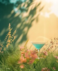 Cocktail in the meadow with wildflowers. Vintage style.