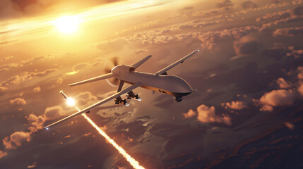 The missile was fired at a military combat UAV flying across the sky at sunset. Counterattack on an enemy drone.