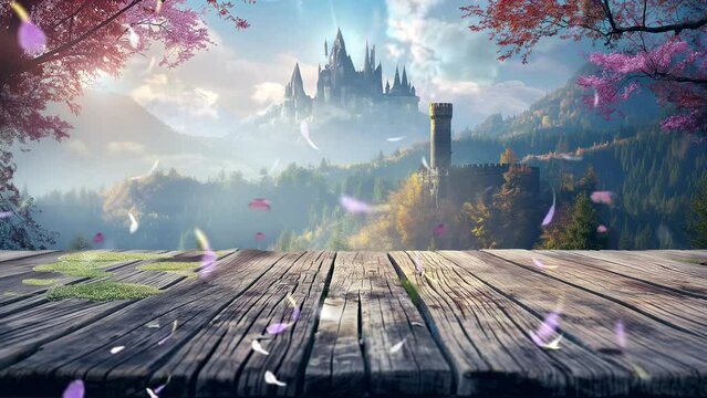 Empty wooden table with dramatic castle fairy tale background