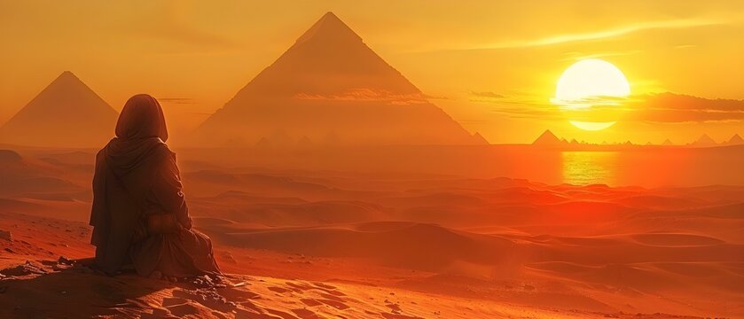Contemplating Eternity: A Tranquil Sunset Over The Pyramids. Concept Egyptian Landmarks, Photography, Atmospheric Skies, Contemplation