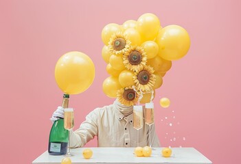 Man holding bottle of champagne and bunch of yellow sunflowers in elegant celebration setting