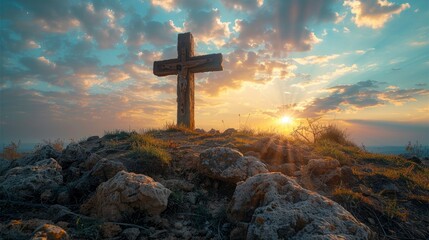 holy cross symbolizing the death and resurrection of jesus christ with the sky over golgotha hill is shrouded in light and cloudsimage - obrazy, fototapety, plakaty