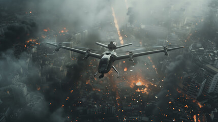 A small military UAV flies through a city engulfed in smoke and fire. A drone flies over a ruined city