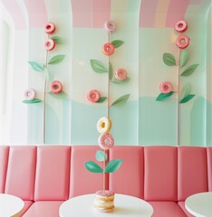 3d render of pink wall with flowers and cake. Minimal style.