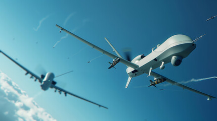 Two military combat UAVs are flying in a clear blue cloudless sky. Rockets are flying in their direction. A smart war.