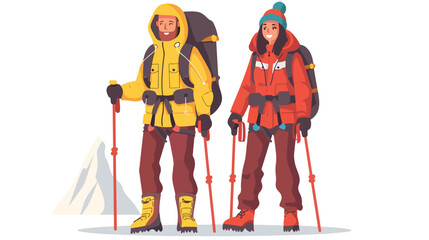Two smiling climbers or alpinists with special equipm