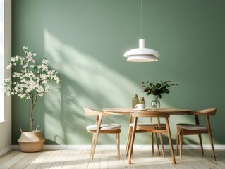 Chic dining area with a hint of mid-century charm, presenting a simple wooden table and chairs against a serene green Scandinavian wall 