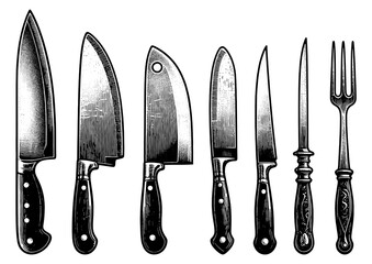 set of four chef knives with varying blade shapes and handle designs sketch engraving generative ai PNG illustration. Scratch board imitation. Black and white image.