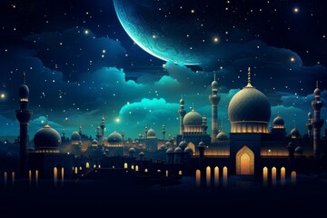 Picturesque Mosque stars night. Crescent night. Generate Ai