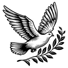 dove in flight, carrying an olive branch, symbolizing peace and harmony sketch engraving generative ai fictional character PNG illustration. Scratch board imitation. Black and white image.