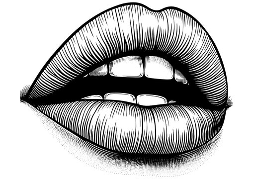 sensual female woman full lips sketch engraving generative ai fictional character PNG illustration. Scratch board imitation. Black and white image.