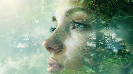 Concept of environment caring devotion, business sustainability and global warming protection shown by woman and green forest double exposure image hyper realistic 