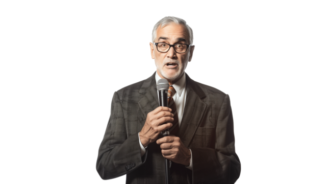 portrait of an old businessman holding microphone isolated on transparent background  - Powered by Adobe