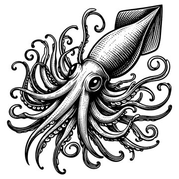 squid with flowing tentacles sketch engraving generative ai fictional character PNG illustration. Scratch board imitation. Black and white image.