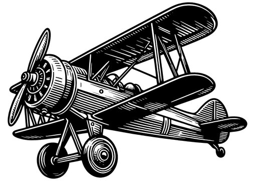 recommend clip art: biplane vintage plane, reminiscent of early aviation history sketch engraving generative ai PNG illustration. Scratch board imitation. Black and white image.