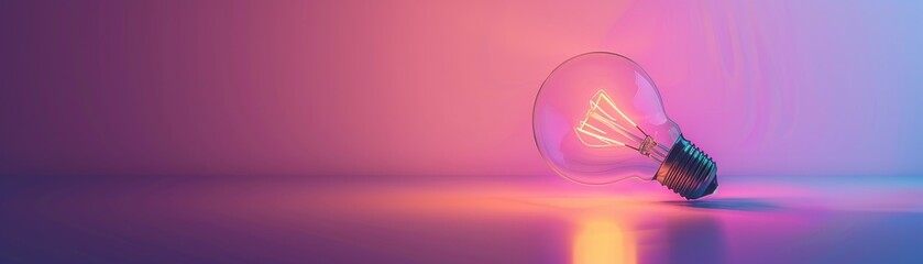 Pink and purple glowing light bulb on a reflective surface. - obrazy, fototapety, plakaty