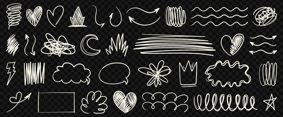 A set of white scribbles, hatched drawings, free forms on a dark background. Basic elements, directional arrows, lines, shapes, dialogues. Modern abstract scribbles, brushes, arbitrary shapes