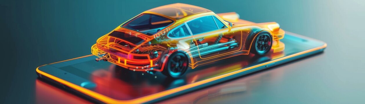 A 3D rendering of a classic sports car made of glass and has a glowing orange outline on a smartphone.