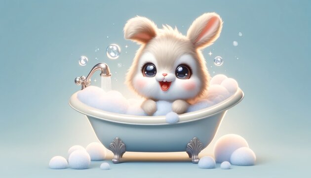 Baby bunny taking a bath, Generative AI