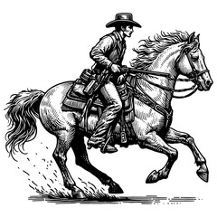 cowboy riding a galloping horse, with detailed hatching and dynamic motion sketch engraving generative ai fictional character PNG illustration. Scratch board imitation. Black and white image.