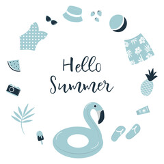 Blue Beach Accessories. Set. Hello Summer concept. Swimsuit, swimming trunks, hat, sunglasses, flip flops, sunscreen, camera, flamingo swimming ring, watermelon, pineapple, ice cream, ball. Vector