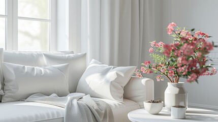Tranquil all-white living room corner with a fresh burst of pink flowers adding a touch of color