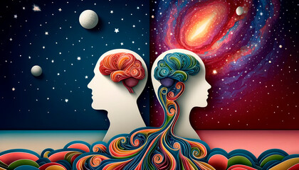 Man and woman profiles with a cosmic brain overlay, signifying the fusion of psychology and the universe.