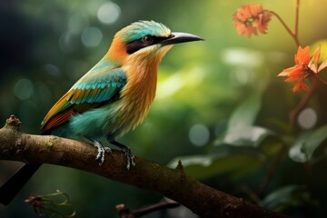 Perched Motmot bird branch. America wild. Generate Ai