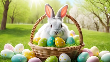 A happy bunny surrounded by colorful Easter eggs against a festive backdrop.