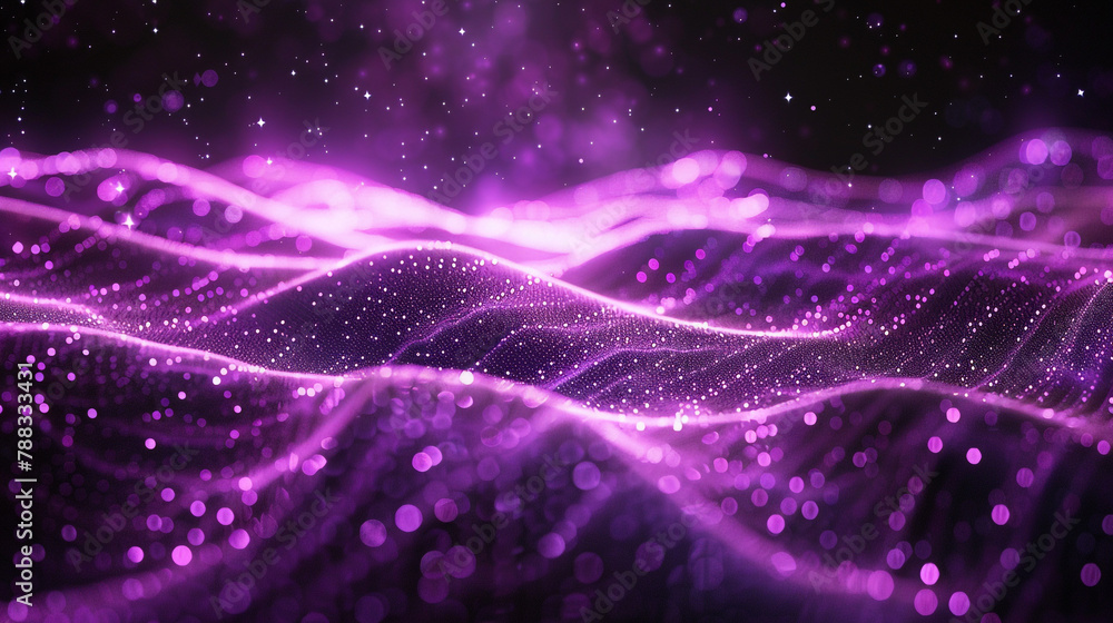 Poster digital purple particles wave and light abstract background with shining dots stars.