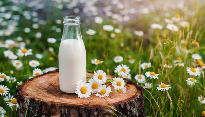 Glass bottle of fresh milk on tree stump, green grass and daisies. Tasty and healthy beverage.