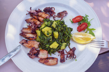 Balkan cuisine. Grilled squids with chard leaves ( blitva ) and potatoes