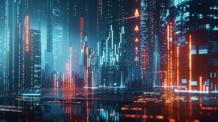 Finance backdrop unites stats, candlesticks, bar chart, uptrend arrow for economy theme Generative AI hyper realistic