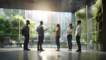 Fototapeta premium Blurred Team Meeting with Office Windows and Greenery