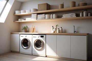 Laundry room interior with washing machine and accessories. 3d rendering - obrazy, fototapety, plakaty