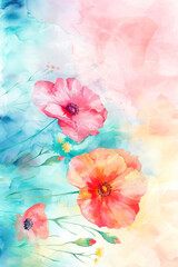 Vertical Flower watercolor art background. Wallpaper design with floral paint brush line art.
