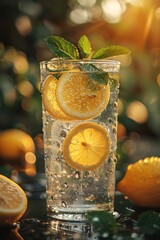 Close-up of sparkling lemonade with fresh lemon and mint