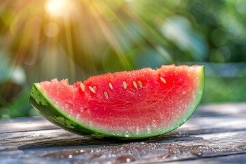 Sunlit juicy watermelon slice on a rustic wooden table
