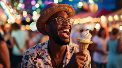 Naklejka premium Joyful man with ice cream enjoying summer festival night