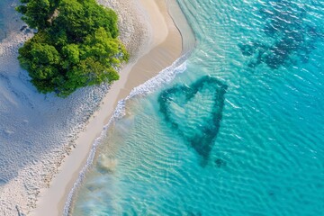Aerial view of heart-shaped coral reef near tropical island - obrazy, fototapety, plakaty