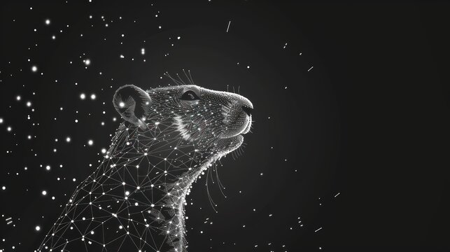 Abstract image of a groundhog in the form of a starry sky or space, consisting of points, lines, and shapes in the form of planets, stars and the universe. AI generated