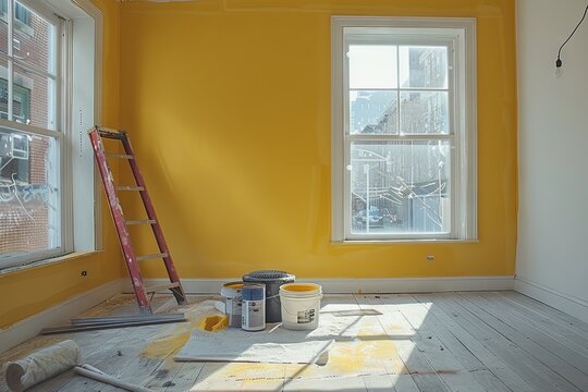 wall in a nice home about to be painted, clean tidy Professional tools around. ai generated