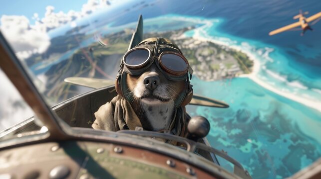 Adventure dog wearing pilot goggles in vintage airplane